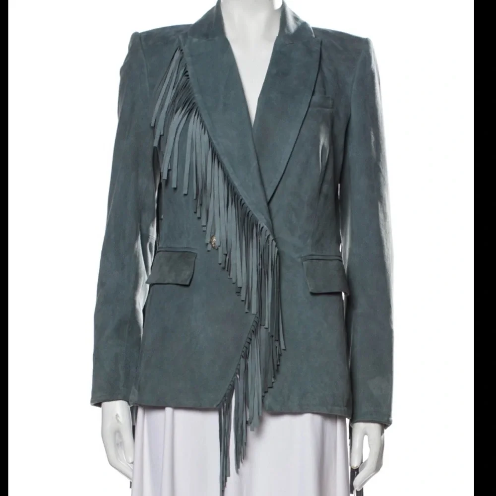 SOLD Veronica Beard XS Leather Suede Fringe Dickey Jacket Blazer Coat Green Grey - Picture 5 of 14